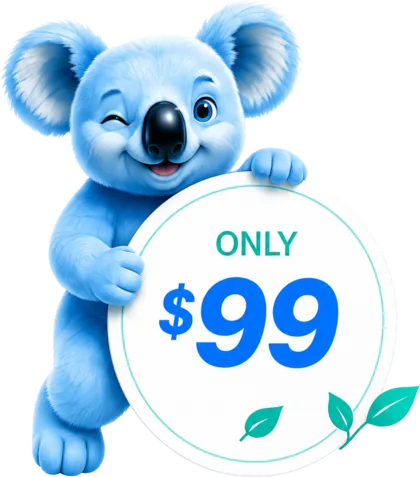 Bendigo aircon clean $99 first-clean offer - Frostie the Fresh Flow koala holding an Only $99 sign