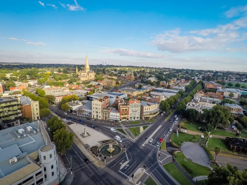 Bendigo aircon cleaning service area - aerial view of central Bendigo with the Sacred Heart Cathedral spire and Alexandra Fountain
