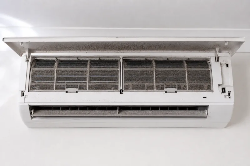 Split-system air conditioner before an aircon clean - dusty indoor unit with visible contamination (illustrative)